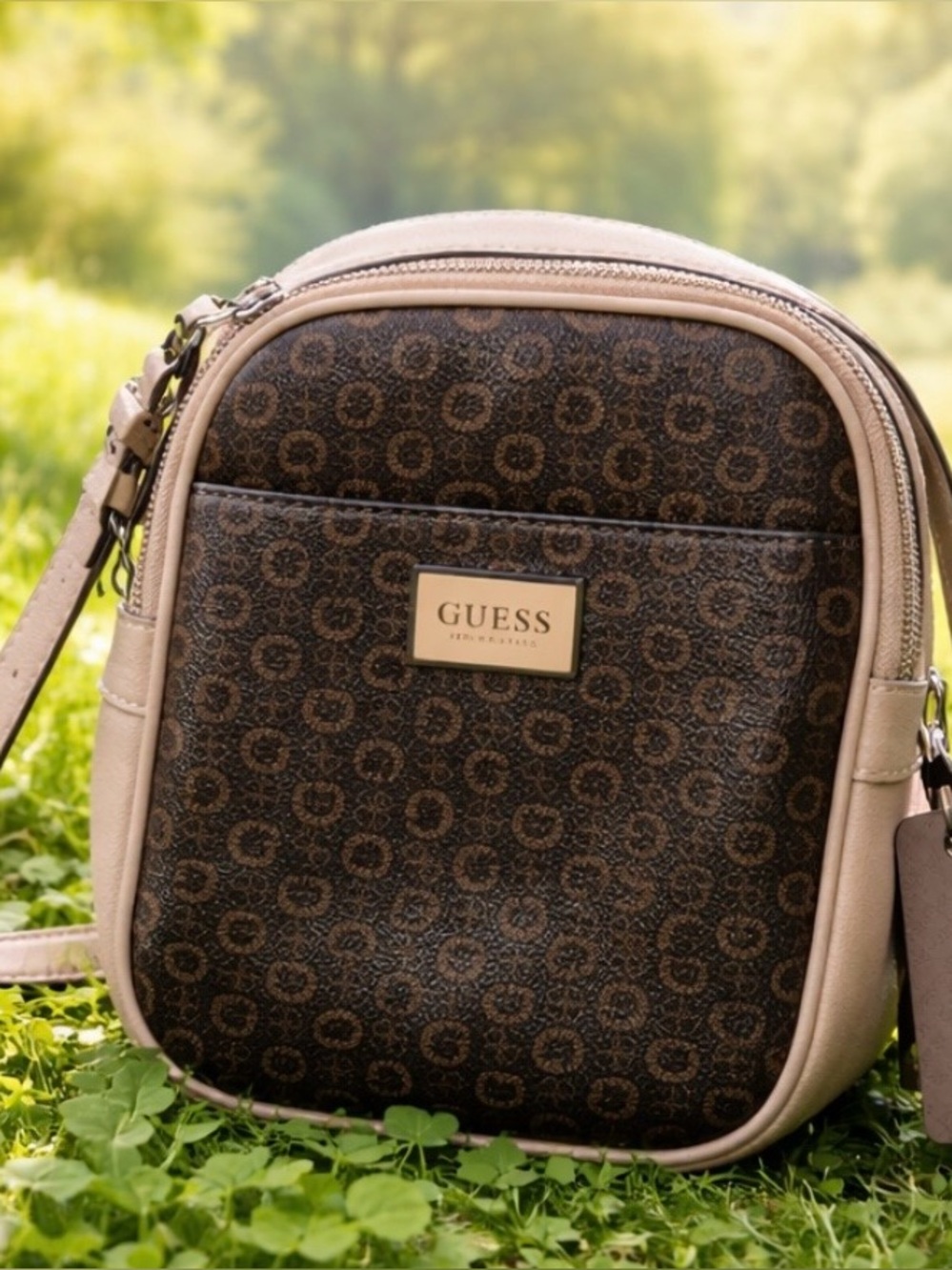 GUESS Brown Logo Crossbody with Beige Trim